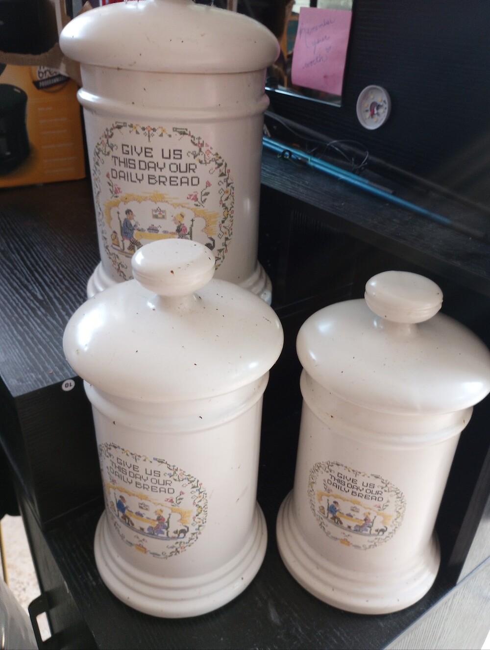 McCoy Vintage Mid Century Ceramic Give Us This Day 3 Piece Canister Set